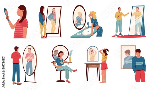 People look in mirror. Cartoon characters seeing reflections of themselves, concept of egoistic or narcissistic person, man and women proud and accept their look. Vector set