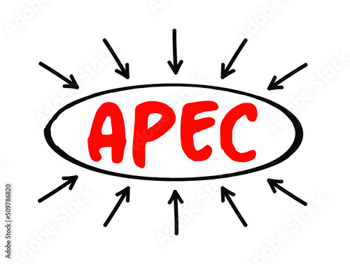 APEC Asia Pacific Economic Cooperation - inter-governmental forum for economies in the Pacific Rim that promotes free trade throughout the Asia-Pacific region, acronym text concept with arrows photo