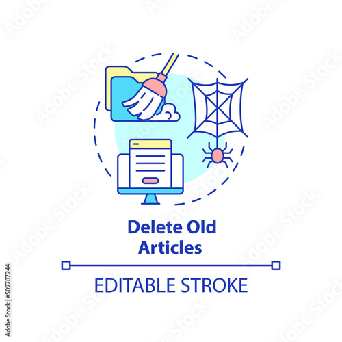 Delete old articles concept icon. Search engine optimization principle abstract idea thin line illustration. Isolated outline drawing. Editable stroke. Arial, Myriad Pro-Bold fonts used