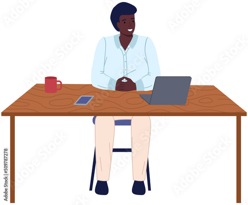 Workplace of african man isolated on white background. Male employee using laptop computer for project creation. Brainstorming person at workspace. Dark-skinned guy during work with technology
