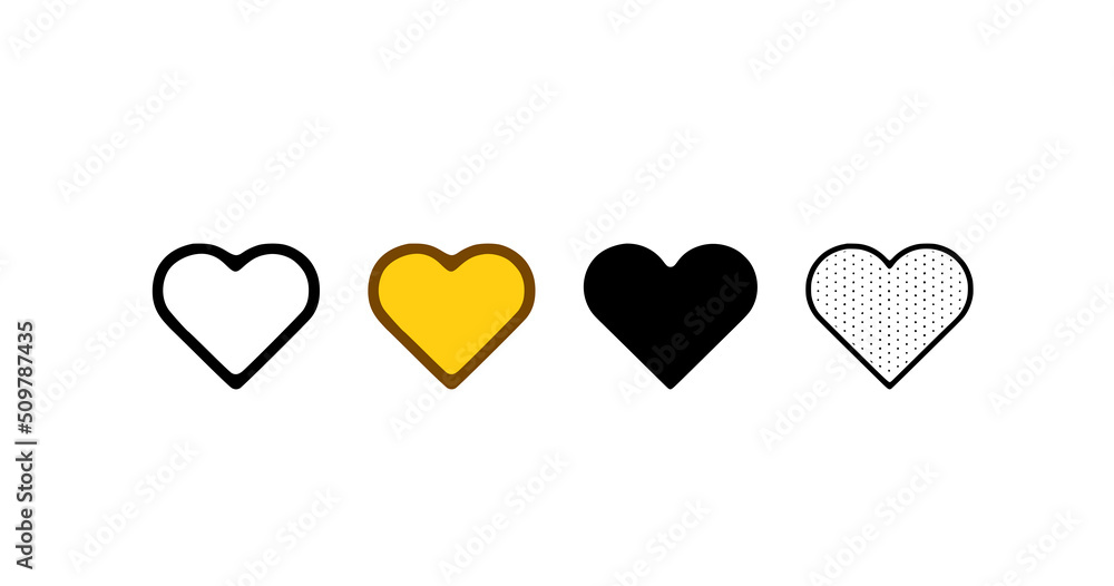 Heart icon set in different styles. Like or love symbol vector illustration isolated on white background.