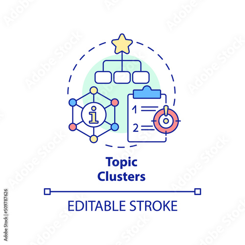 Topic clusters concept icon. Website structure. Advanced SEO technique abstract idea thin line illustration. Isolated outline drawing. Editable stroke. Arial, Myriad Pro-Bold fonts used