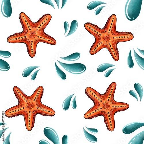 Seamless starfish pattern of doodles on a white background