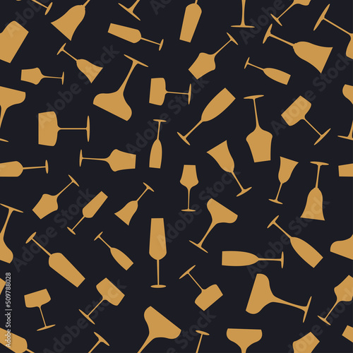Glass of champagne seamless pattern in art deco style. Alcohol drink glasses set in style of the 1920s-1930s. Vintage design for print on wrapping paper, wallpaper, fabric. Vector illustration