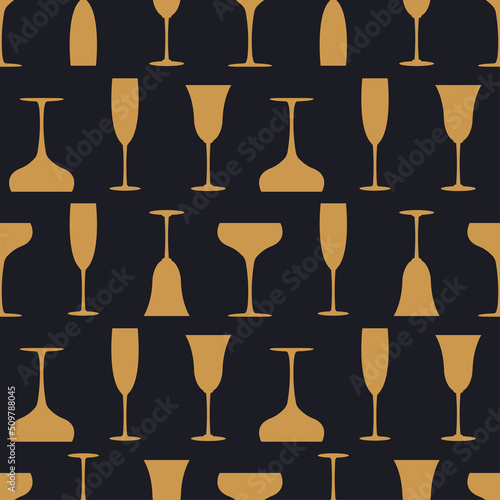 Glass of champagne seamless pattern in art deco style. Alcohol drink glasses set in style of the 1920s-1930s. Vintage design for print on wrapping paper, wallpaper, fabric. Vector illustration
