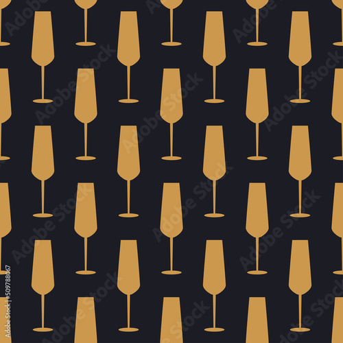 Glass of champagne seamless pattern in art deco style. Wineglass icon in style of the 1920s-1930s. Golden icon of cocktails. Vintage design for print on wrapping paper, wallpaper. Vector illustration