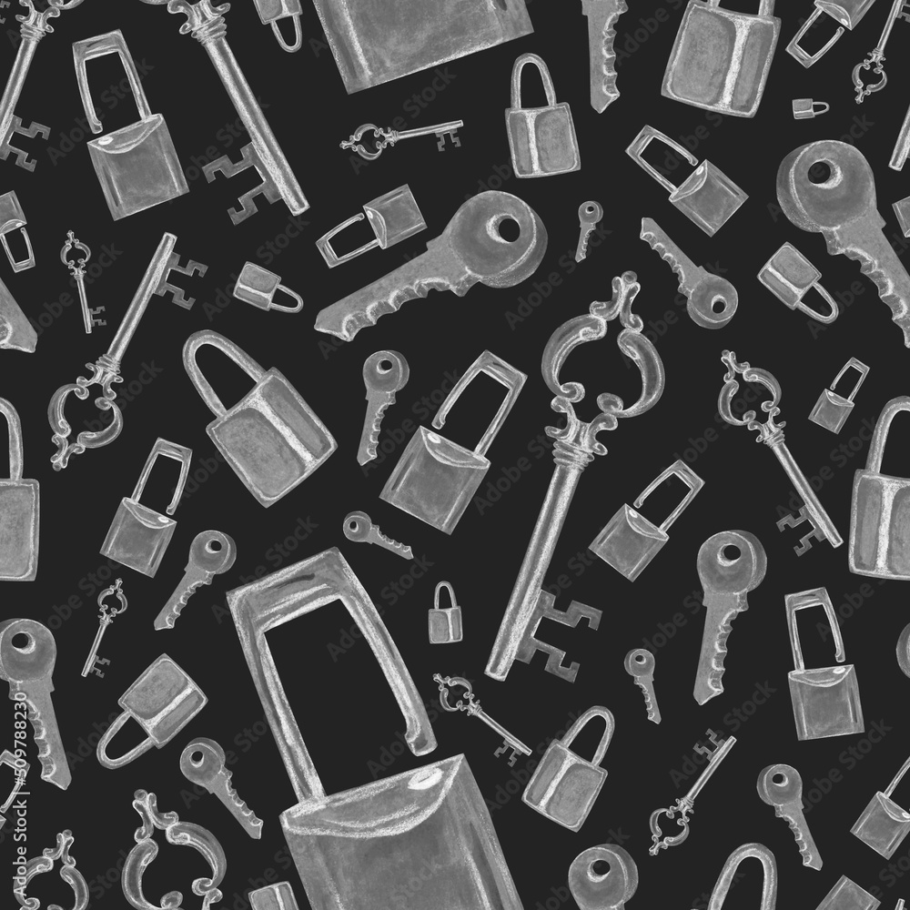 Obraz premium Watercolor pattern silver key and lock on a dark background for your design seamless, hand drawn illustration