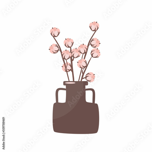 Cotton flowers in a vase in a minimalistic trendy style. Silhouette of a cotton branch in a simple abstract style. Vector illustration for print t-shirts, cards, posters, social media.
