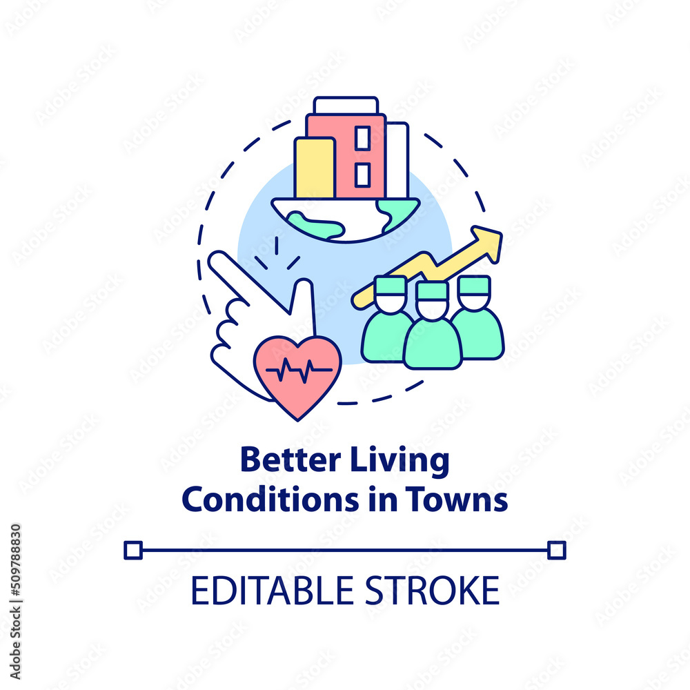 Better living conditions in towns concept icon. Improving healthcare access abstract idea thin line illustration. Isolated outline drawing. Editable stroke. Arial, Myriad Pro-Bold fonts used