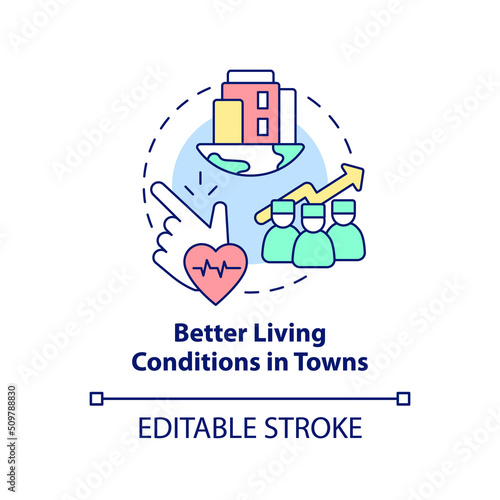 Better living conditions in towns concept icon. Improving healthcare access abstract idea thin line illustration. Isolated outline drawing. Editable stroke. Arial, Myriad Pro-Bold fonts used