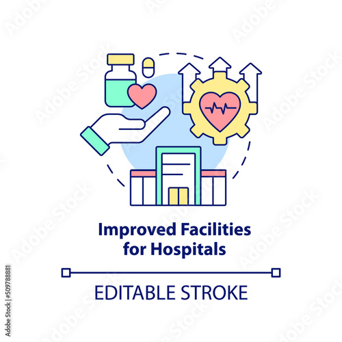 Improved facilities for hospitals concept icon. Way to healthcare system redesign abstract idea thin line illustration. Isolated outline drawing. Editable stroke. Arial, Myriad Pro-Bold fonts used