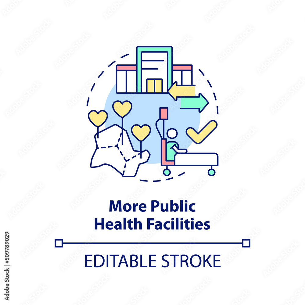 More public health facilities concept icon. Way to improve healthcare system abstract idea thin line illustration. Isolated outline drawing. Editable stroke. Arial, Myriad Pro-Bold fonts used