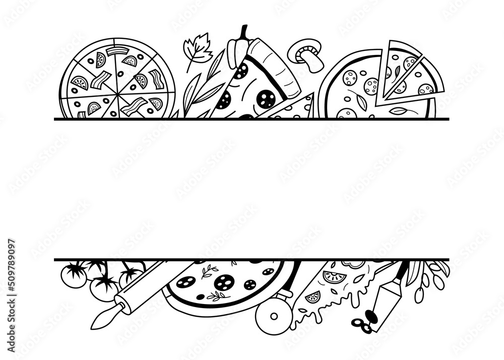 Doodle pizza frame. National Italian food ingredients border, pizza slice with tomato cheese mushrooms sketch. Vector menu promotion banner
