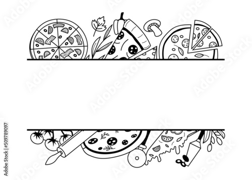 Doodle pizza frame. National Italian food ingredients border, pizza slice with tomato cheese mushrooms sketch. Vector menu promotion banner