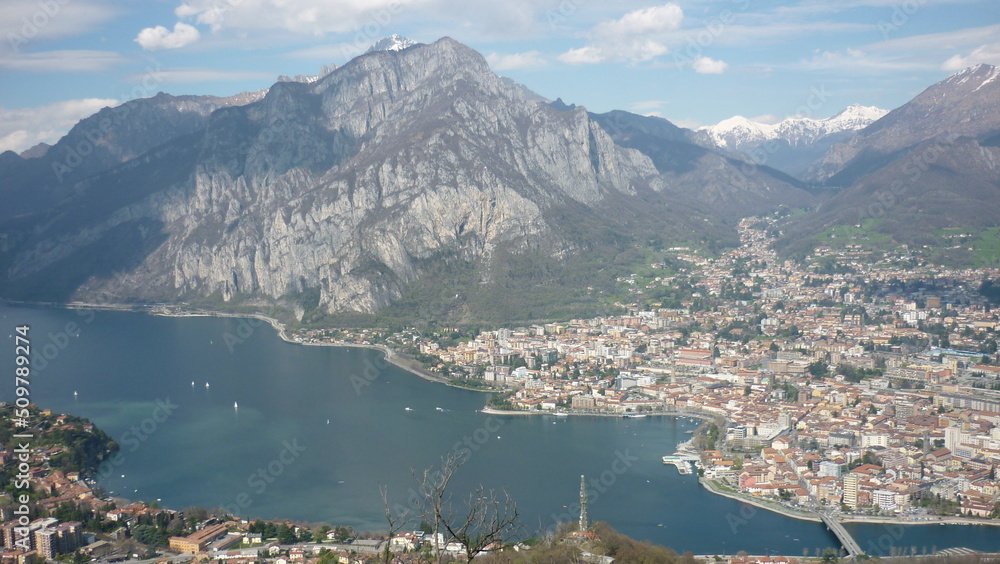 Panoramic view of lake Como near the city of Lecco (Italy)