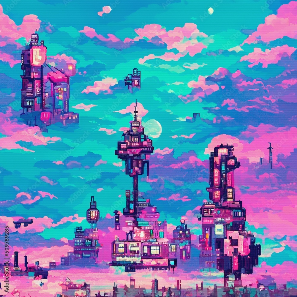 Retro futuristic city in clouds. Pixel art wallpaper in a style of 80's ...