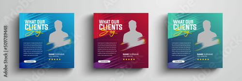 Modern and minimalist client testimonials social media post design with gradient color. Customer service feedback review social media post with color variation template.