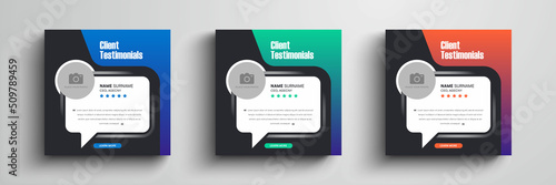Modern and minimalist client testimonials social media post design with gradient color. Customer service feedback review social media post with color variation template.