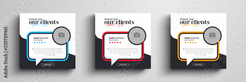Client testimonial social media post design. Customer service feedback square banner with color variation template.