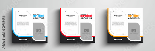 Modern and creative client testimonial social media post design. Customer service feedback review social media post or web banner with color variation template.