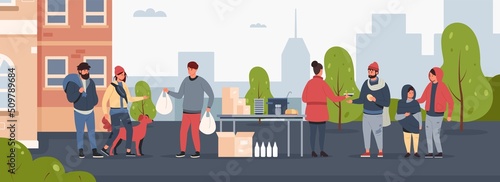 Charity for homeless. Cartoon humanitarian help and support for poor people, social charity and volunteer community concept. Vector refectory illustration