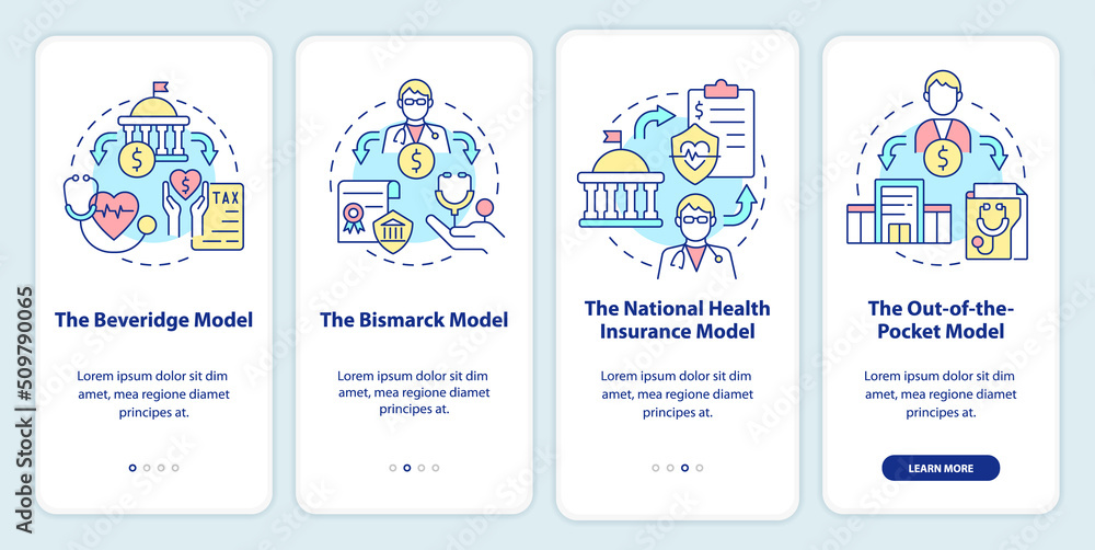 Types of healthcare systems onboarding mobile app screen. Models walkthrough 4 steps editable graphic instructions with linear concepts. UI, UX, GUI template. Myriad Pro-Bold, Regular fonts used