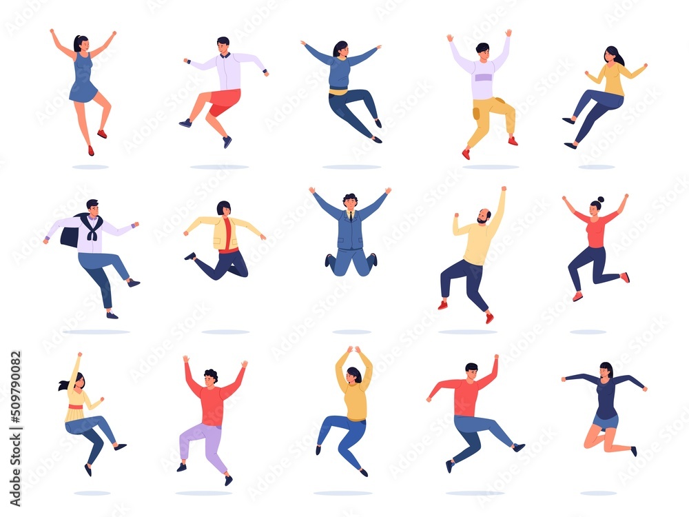 Jumping people. Happy young characters express emotions, teen group in colorful trendy clothes. Vector joyful flying persons in motion, male and female avatars