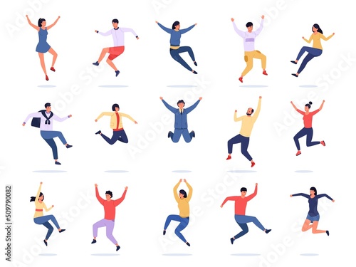 Jumping people. Happy young characters express emotions, teen group in colorful trendy clothes. Vector joyful flying persons in motion, male and female avatars