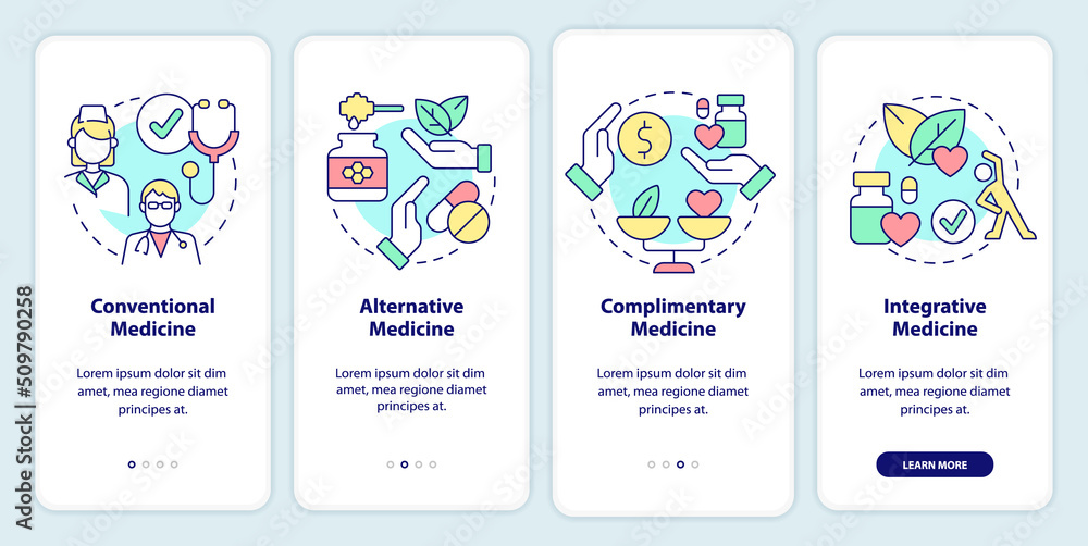 Healthcare approaches onboarding mobile app screen. Medical care walkthrough 4 steps editable graphic instructions with linear concepts. UI, UX, GUI template. Myriad Pro-Bold, Regular fonts used
