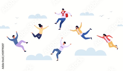 People in the sky. Cartoon characters floating in clouds, dream and imagination concept, young persons falling on dreamy background. Vector illustration