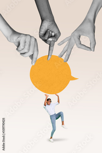 Obraz na plátně Vertical creative collage portrait of hardworking resisting person hands defend