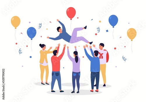 People tossing person. Cartoon characters celebrate birthday and company success, professional colleagues rejoice business achievements. Vector illustration