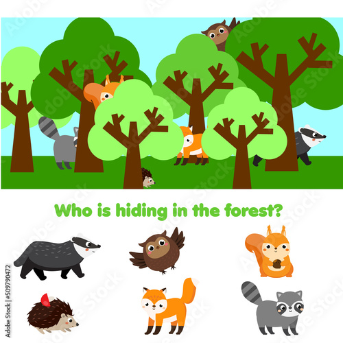 Educational game for children. Matching game with forest animals. Find hidden objects on picture activity for kids