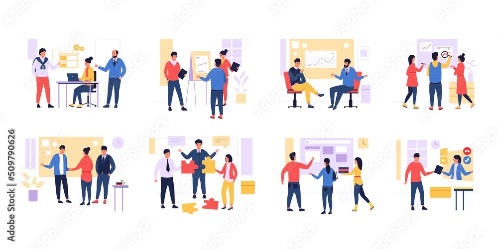 Business teamwork. Creative concept with office employees solving problem and working together. Vector collection of workers team take part in business activity