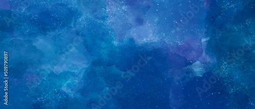 Artistic hand painted multi layered dark blue background. dark blue nebula sparkle purple star universe in outer space horizontal galaxy on space. navy blue watercolor and paper texture. wash aqua    