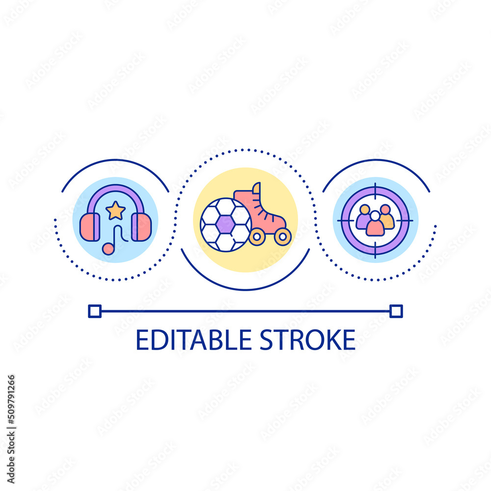 People with common interests and hobbies loop concept icon. Finding interest-based groups abstract idea thin line illustration. Isolated outline drawing. Editable stroke. Arial font used