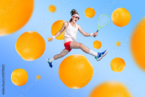 Creative collage picture of overjoyed sportive person jump hold tennis racker orange instead ball