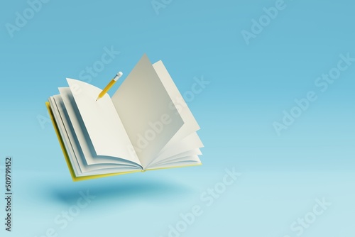 Yellow pencil writing in open book on blue background. 3d render