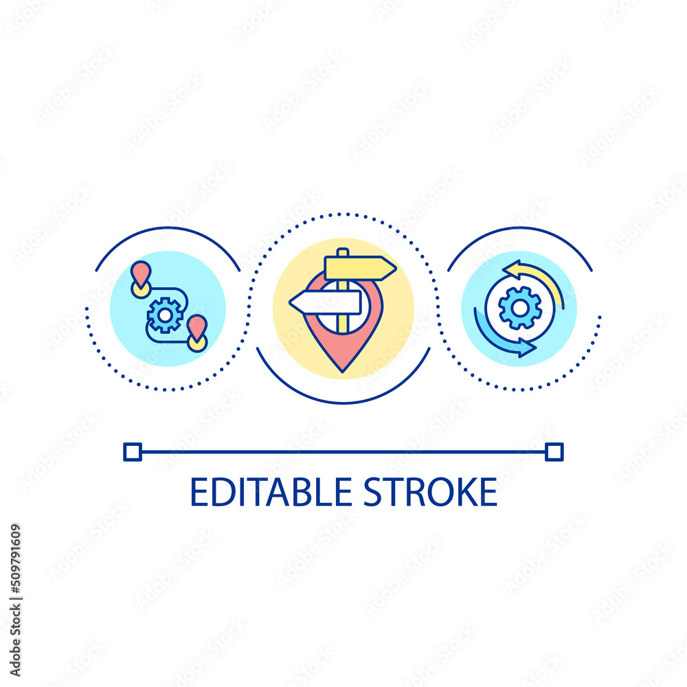 Travel experience adjustment loop concept icon. Road map and navigation. City infrastructure abstract idea thin line illustration. Isolated outline drawing. Editable stroke. Arial font used Travel experience adjustment loop concept icon. Road map and navigation. City infrastructure abstract idea thin line illustration. Isolated outline drawing. Editable stroke. Arial font used