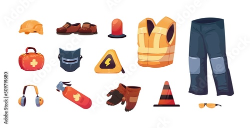 Safety equipment. Worker personal security clothes and tools, helmet glasses gloves mask, industry risky and danger job protection. Vector isolated set