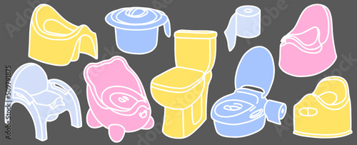 Set of toilets for children. Collection of toilet pots for kids. Potty chair for a child of different shapes and size. Vector linear illustration of a baby pot. Child's hygiene item.