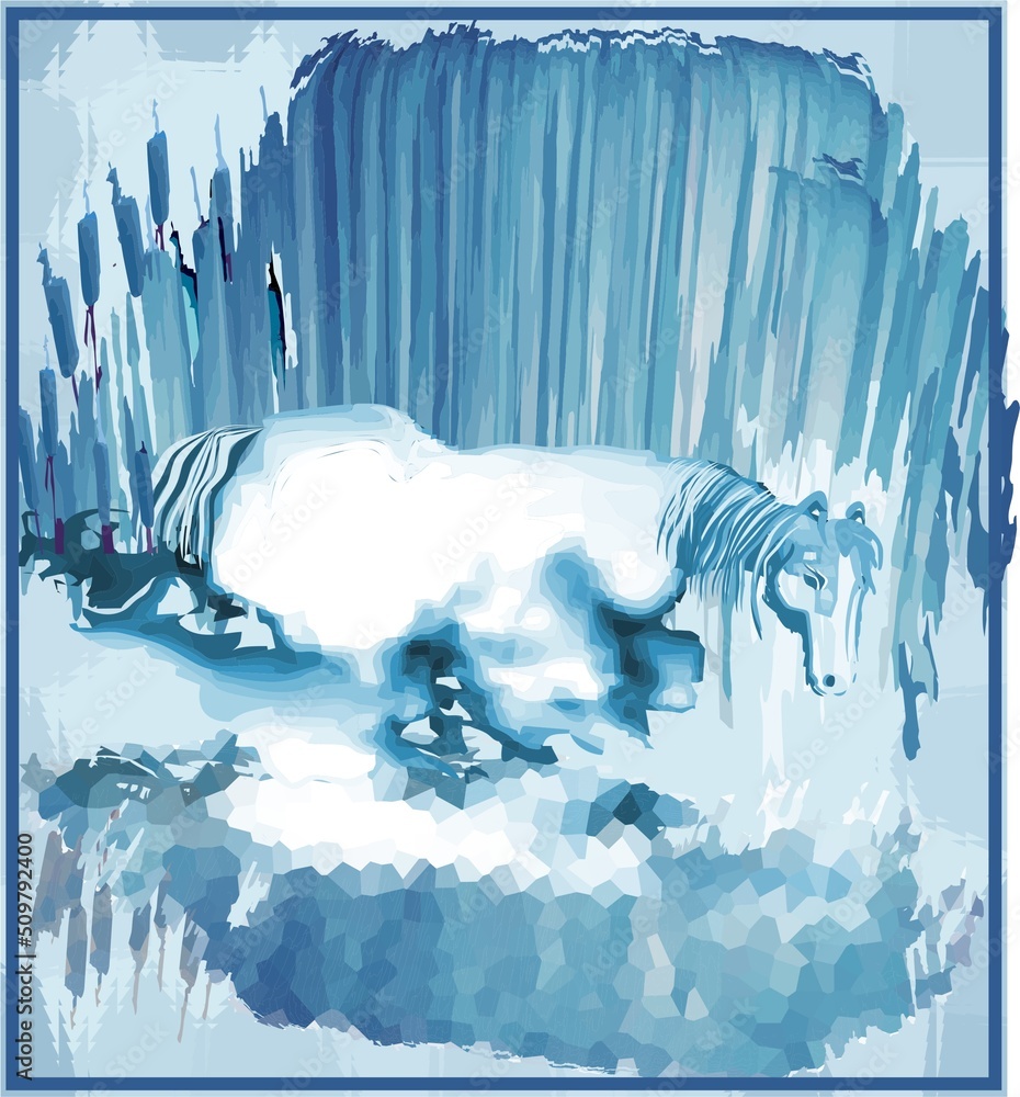 Obraz premium 2D illustration - bathing horse at night, blue background, reflection, watercolors