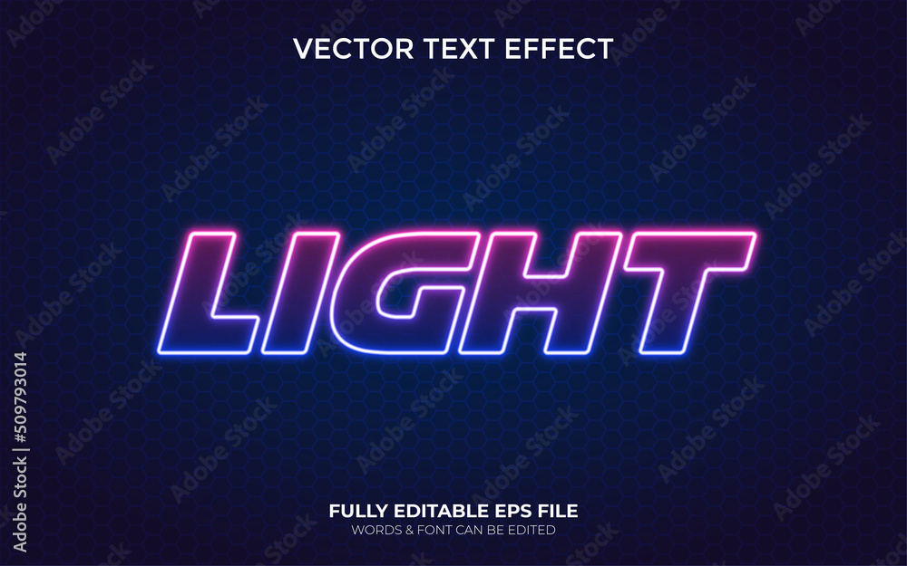 Editable Vector Realistic Neon Light Text Effect in Illustrator with Hexagonal Dark Background