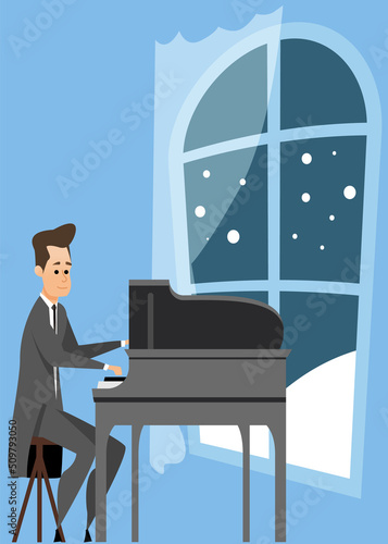 Pianist character in concert costume playing musical composition on grand piano for symphonic orchestra or opera performance on stage. Talented artist member of musical group plays keyboard instrument