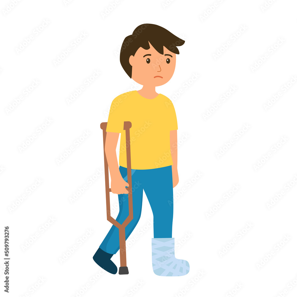 Sad boy with broken leg in flat design on white background. Sad boy with broken leg in flat design on white background.