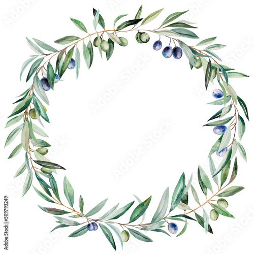 Watercolor wreath made of olive branches with blue and green fruits and leaves illustration