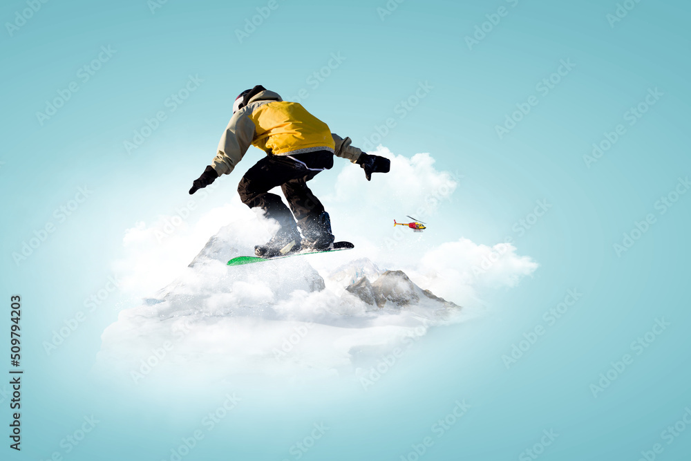 Snowboarder and Alps landscape . Mixed media Snowboarder and Alps landscape . Mixed media
