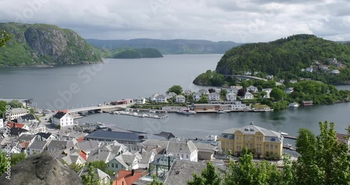 Farsund, Norway - May 30, 2022: A View from the hill over the municipality in Agder county, Norway. It is located in the traditional district of Lister. Cloudy day 4K UHD 59,94fps ProRes 422 HQ 10 bit