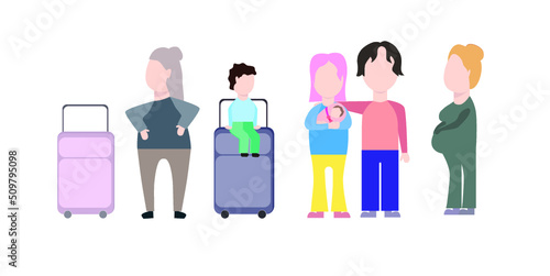 Senior woman, man with woman and baby, child and pregnant woman stand with suitcases and things. People go abroad.