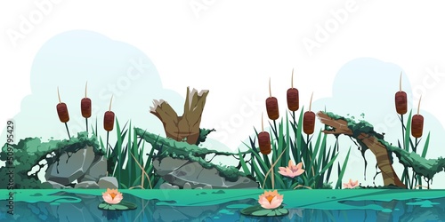 Swamp reed illustration. Cartoon marsh background with cattail plants, moss rocks and log, countryside wetland or lake. Vector illustration